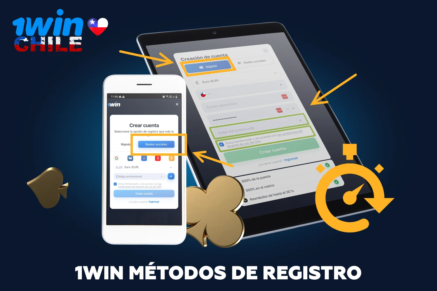 1win ofrece dos opciones de registro rápidas y sencillas, tras las cuales los jugadores de Chile tendrán acceso a todas las funciones del casino