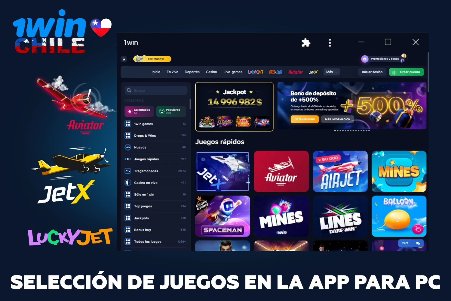 El software de escritorio de 1win ofrece a los jugadores de Chile una amplia gama de juegos clasificados en varias secciones