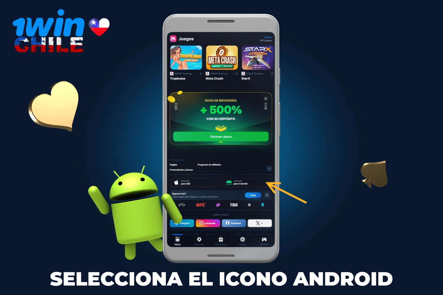 Para instalar la aplicación 1win, los usuarios chilenos deben hacer clic en el ícono Android