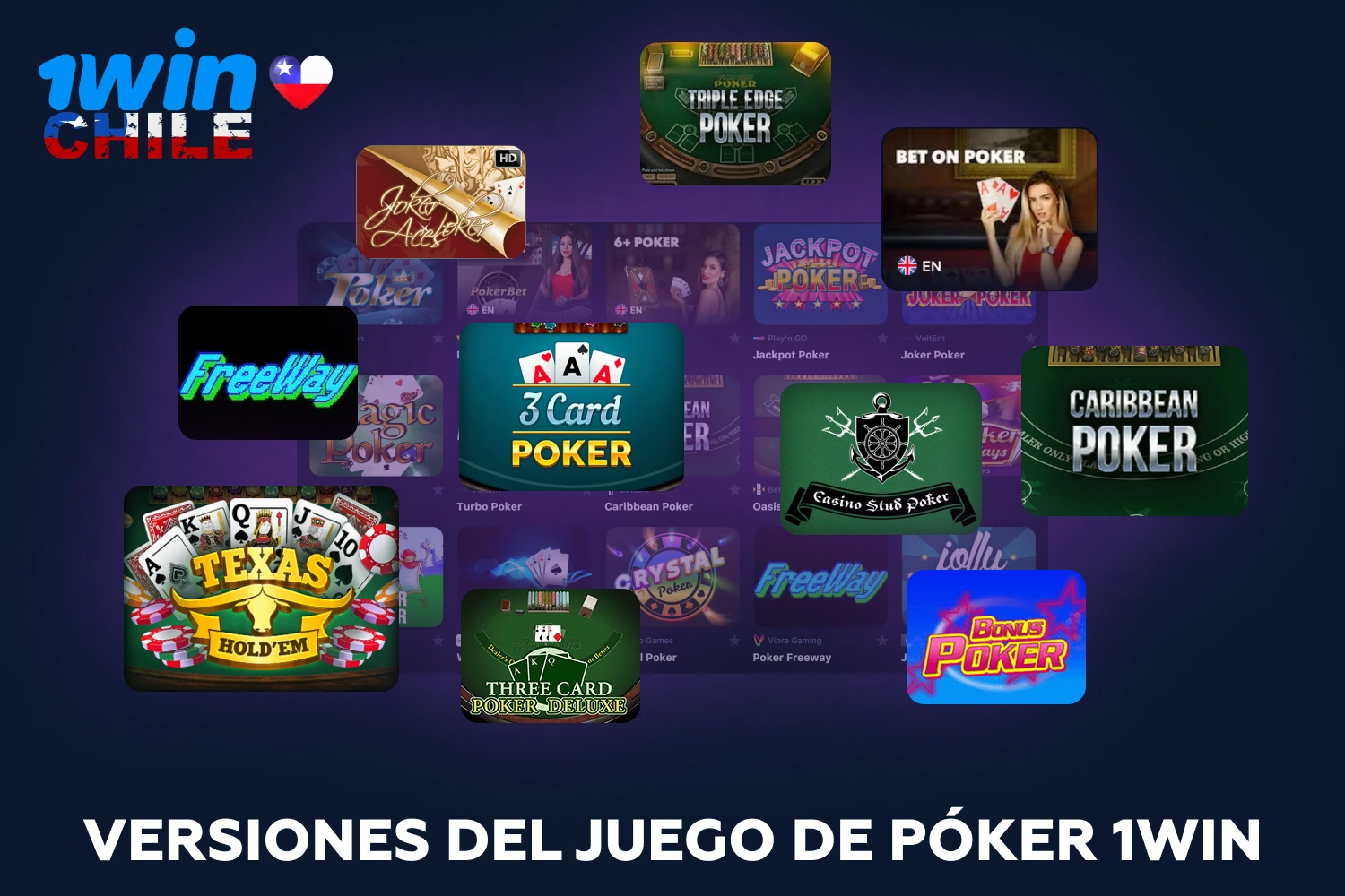 1win ofrece más de 60 versiones de póquer a los jugadores en Chile, incluyendo Texas Hold'em, Caribbean Poker, póquer de 3 cartas y más