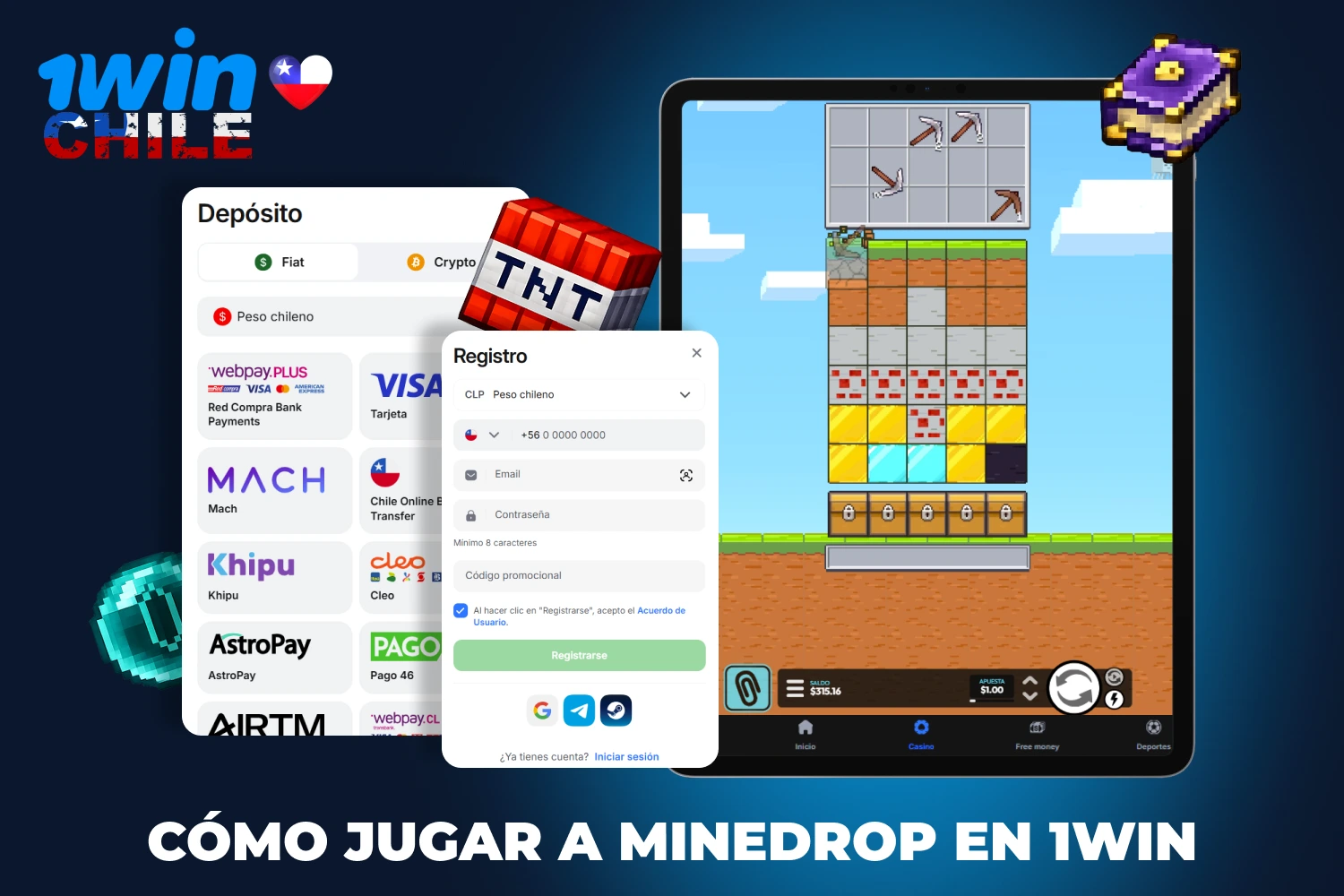Para empezar a jugar MineDrop en el casino 1win, primero crea una cuenta y recarga tu saldo